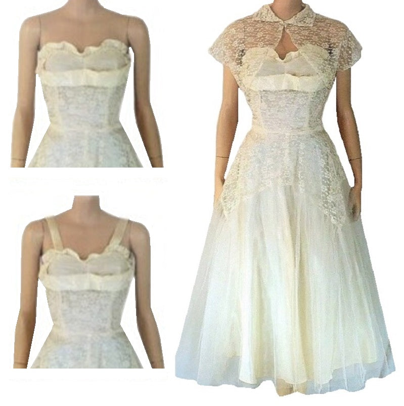 1950s Vintage Jacketed Lace White Prom Dress, Medium.