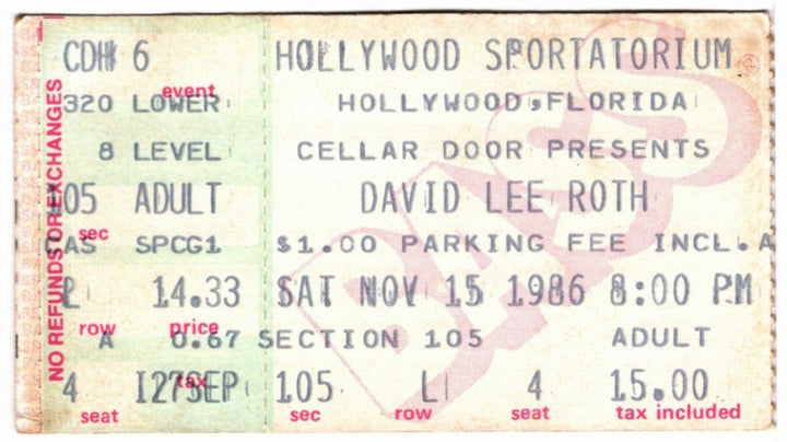 David Lee Roth Eat 'Em & Smile 1986/87 Ticket Stub, front.