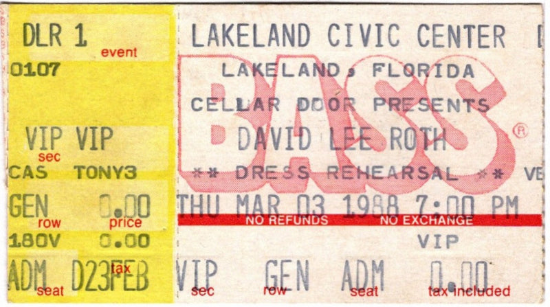 David Lee Roth Skyscraper Dress Rehearsal 1988 Ticket Stub, Mar 3 front.