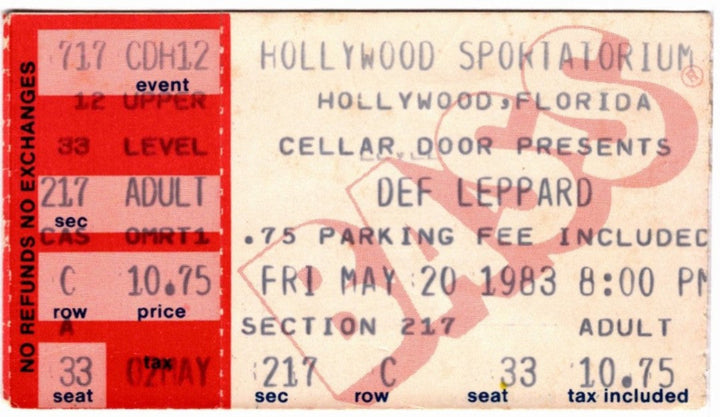 Def Leppard Pyromania 1983 Ticket Stub, front.