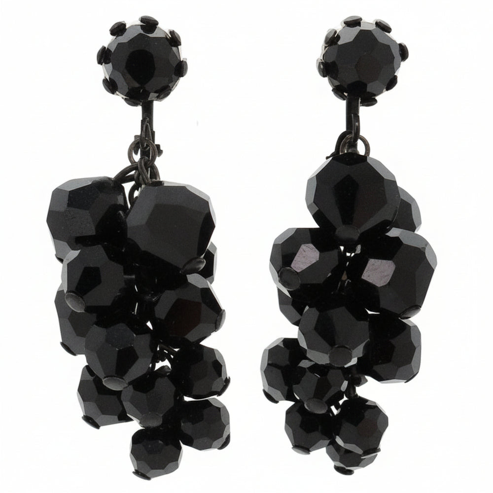 1930s Vintage Faceted Black Jet Japanned Beaded Drop Cluster Earrings.