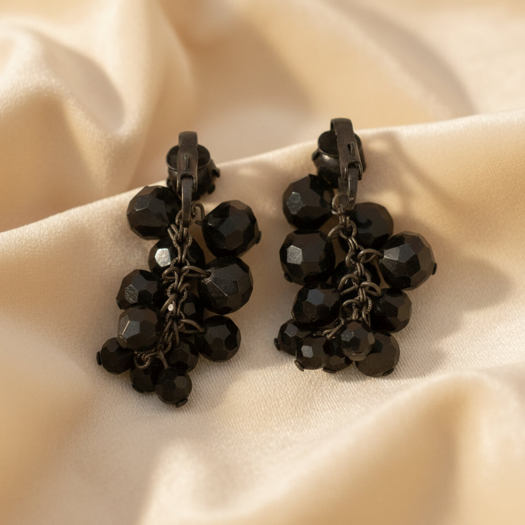 1930s Vintage Faceted Black Jet Japanned Beaded Drop Cluster Earrings.