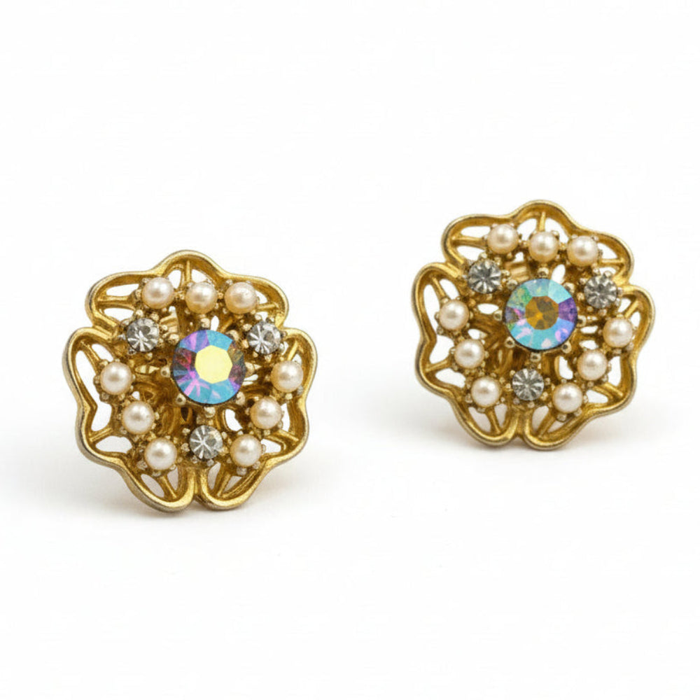 1950s Byzantine Revival Earrings - Clip Ons, white background.