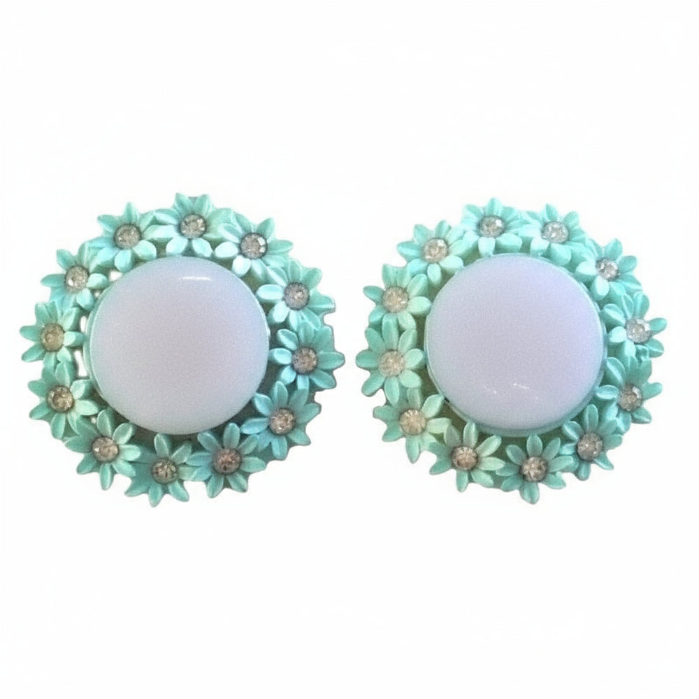 1950s Vintage Big Rockabilly Babe Seafoam Green Flower Clip-on Earrings.
