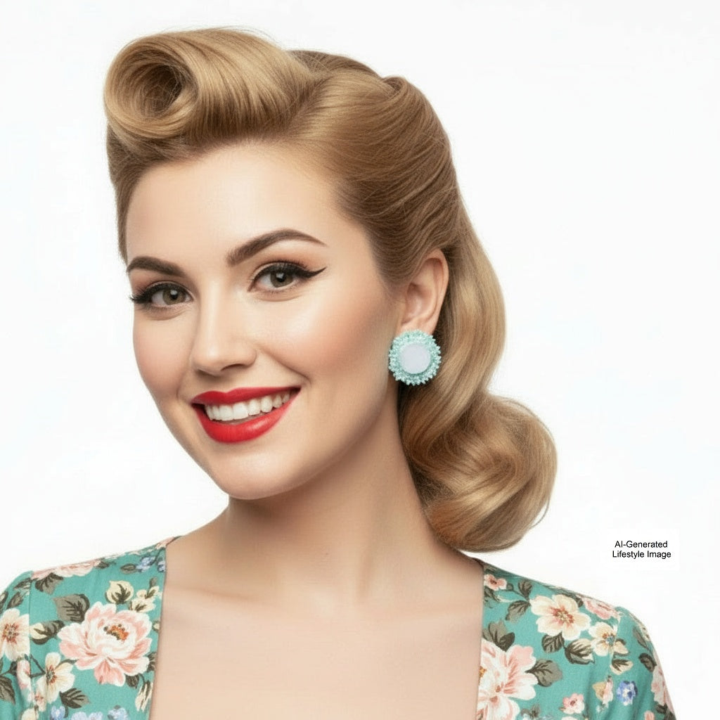 1950s Vintage Big Rockabilly Blue Flower Earrings JAPAN Clip-on