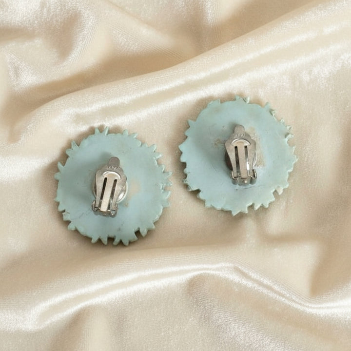 Vintage 1950s Moonglow Lucite Flower Clip-On Earrings Rhinestone Signed Japan,