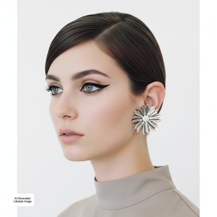 A woman in profile wearing a silver daisy-shaped stud earring, shown against a light gray background. The image has a small 'AI-Generated Lifestyle Image' label in the bottom-left corner.
