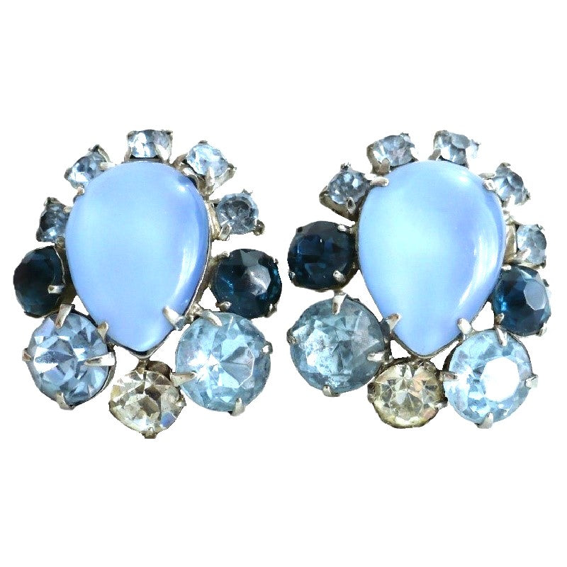 1960s Blue Rhinestone & Moonglow Lucite Mid-century Cocktail Earrings.