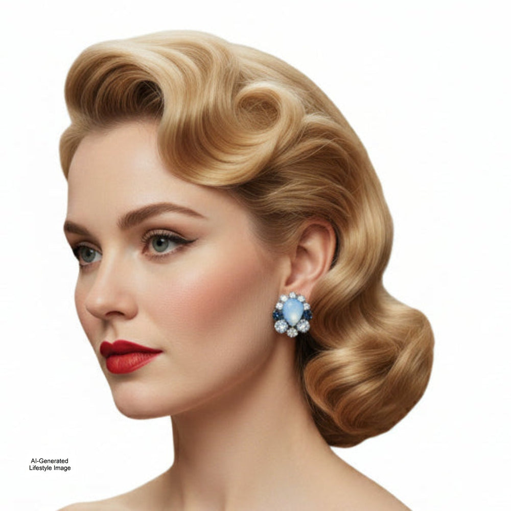 Ai generated woman with vintage-style blonde hair and a blue earring on a white background, Ai generated lifestyle image.