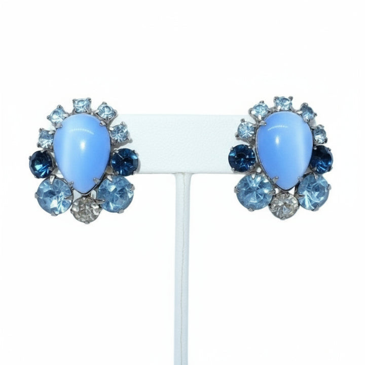 1960s Blue Rhinestone & Moonglow Lucite Mid-century Cocktail Earrings.