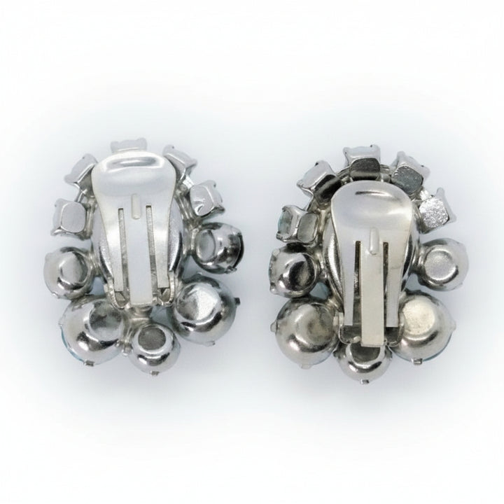 1960s Blue Rhinestone & Moonglow Lucite Mid-century Cocktail Earrings.