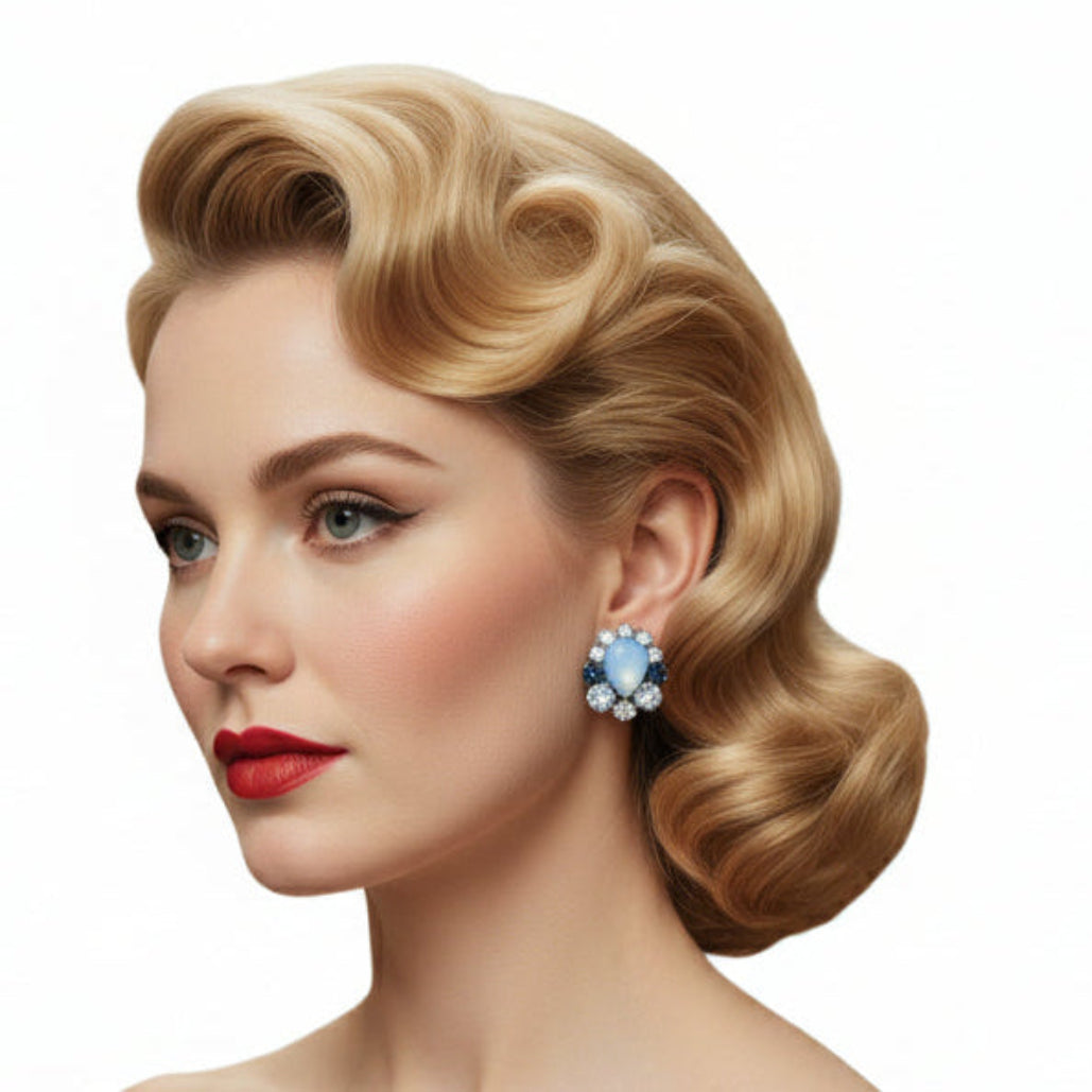 1960s Blue Rhinestone & Moonglow Lucite Mid-century Cocktail Earrings.