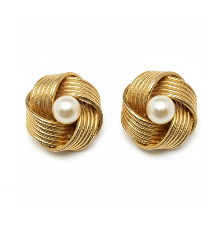 1960 Gold-tone Love Knot with Pearl Earrings on white background.