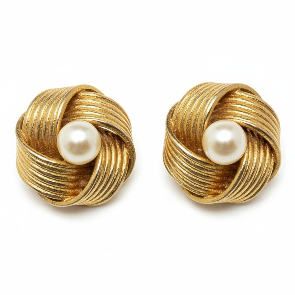 1960 Vintage Gold-tone Love Knot with Pearl Fashion Earrings.