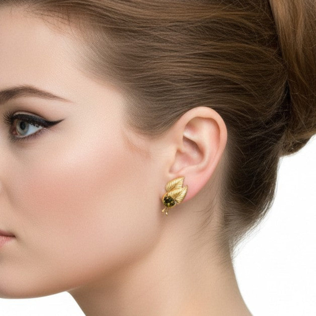 1960 Vintage Gold-tone Fall Fashion Smokey Quartz Leaves Earrings on model.
