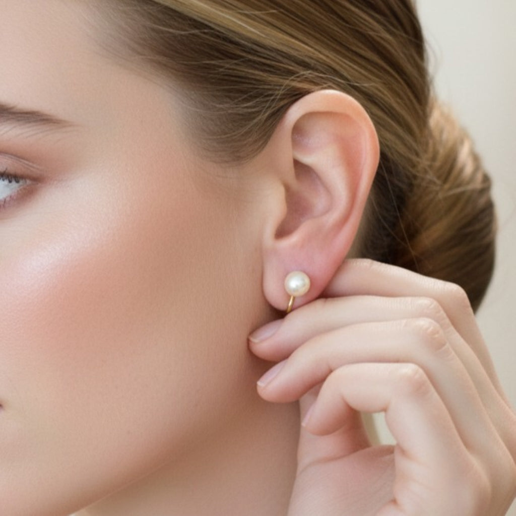 Vintage 8mm Cultured Pearl Stud Clip-on Earrings on woman.