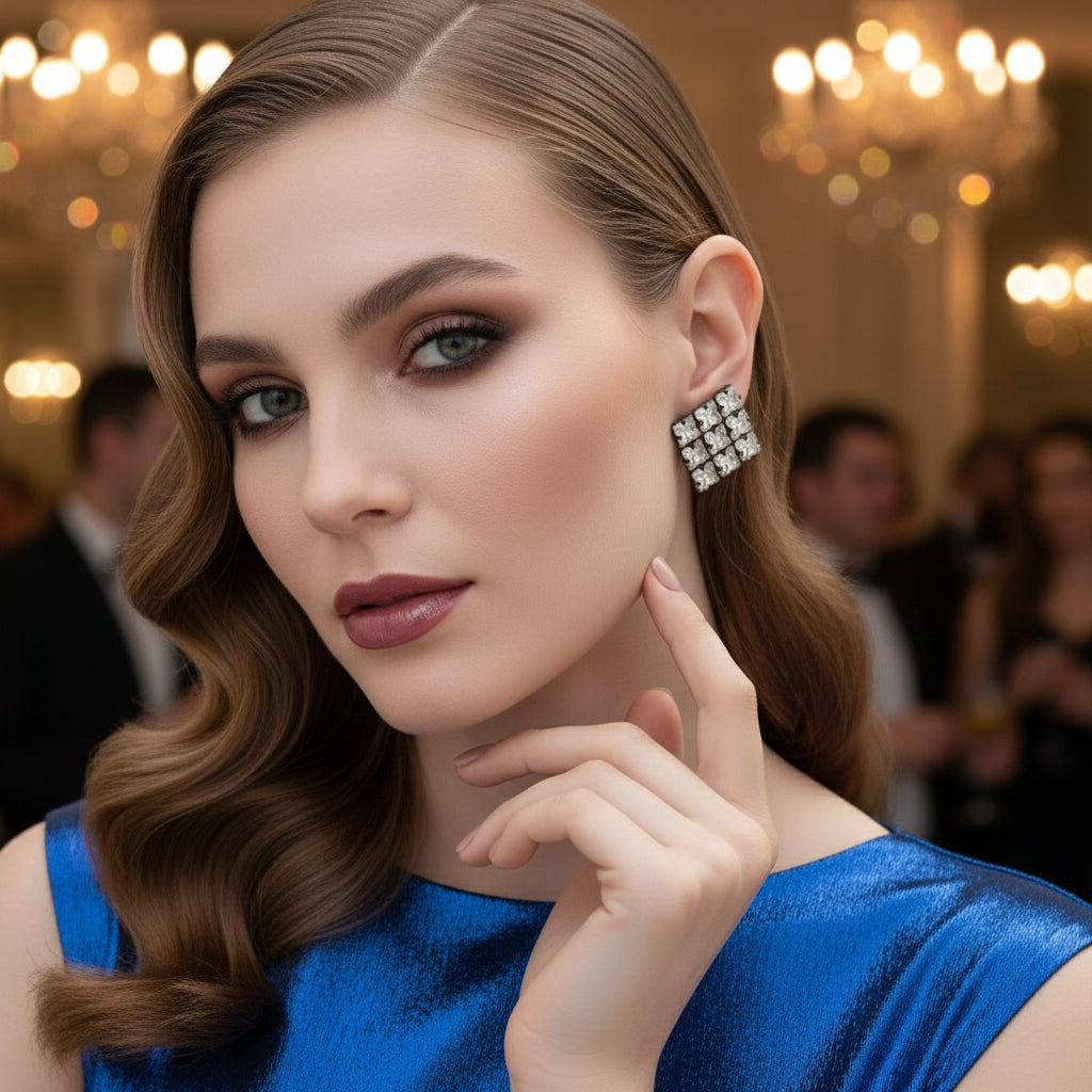 woman wearing stunning Austrian Crystal Earrngs.