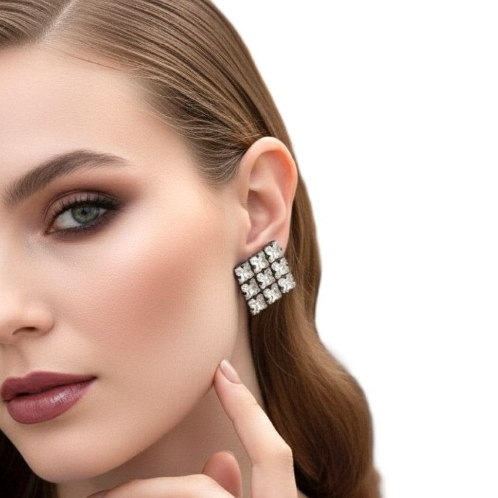 1950s Vintage Art Deco Austrian Crystal Clip-on Cocktail Earrings on model.