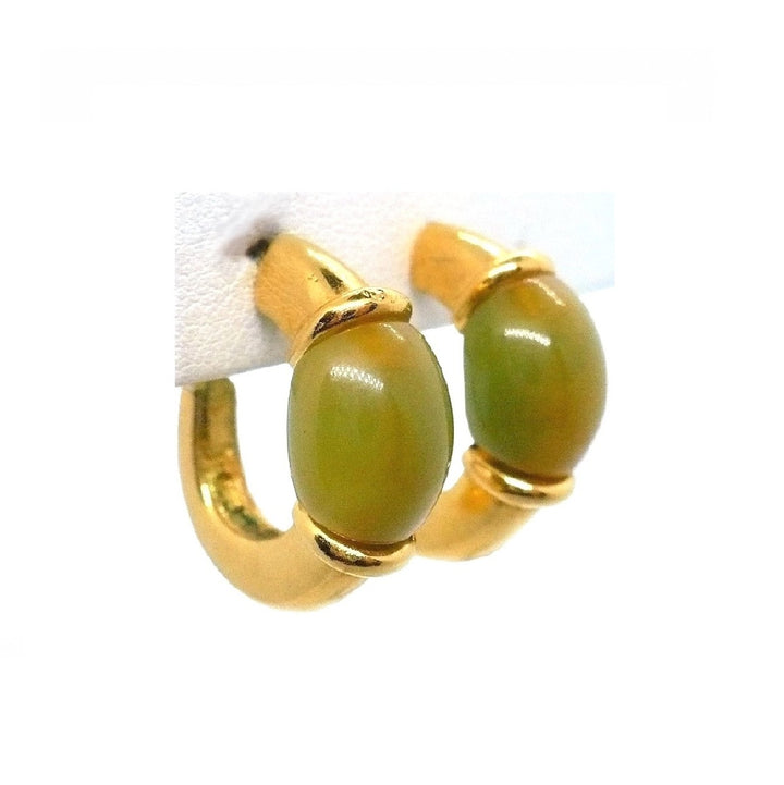 1970s Vintage Givenchy Designer Hoop Earrings, Signed Gold-tone and Olive Green Clip-on Earrings.
