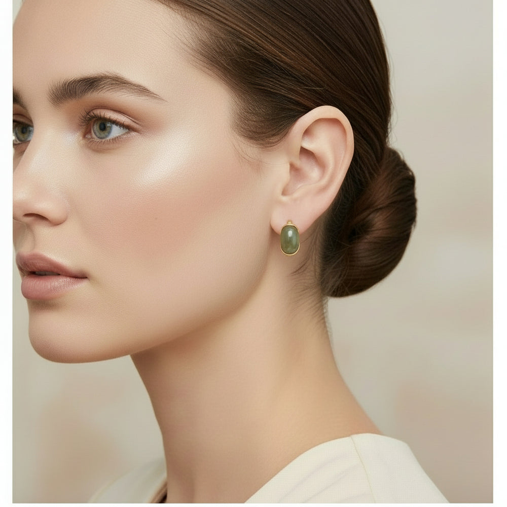 1970s Vintage Givenchy Designer Hoop Earrings, Signed Gold-tone and Olive Green Clip-on Earrings.