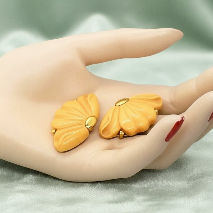 1976 Vintage Givenchy Designer Butterscotch Petal Clip-on Earrings, Paris New York..