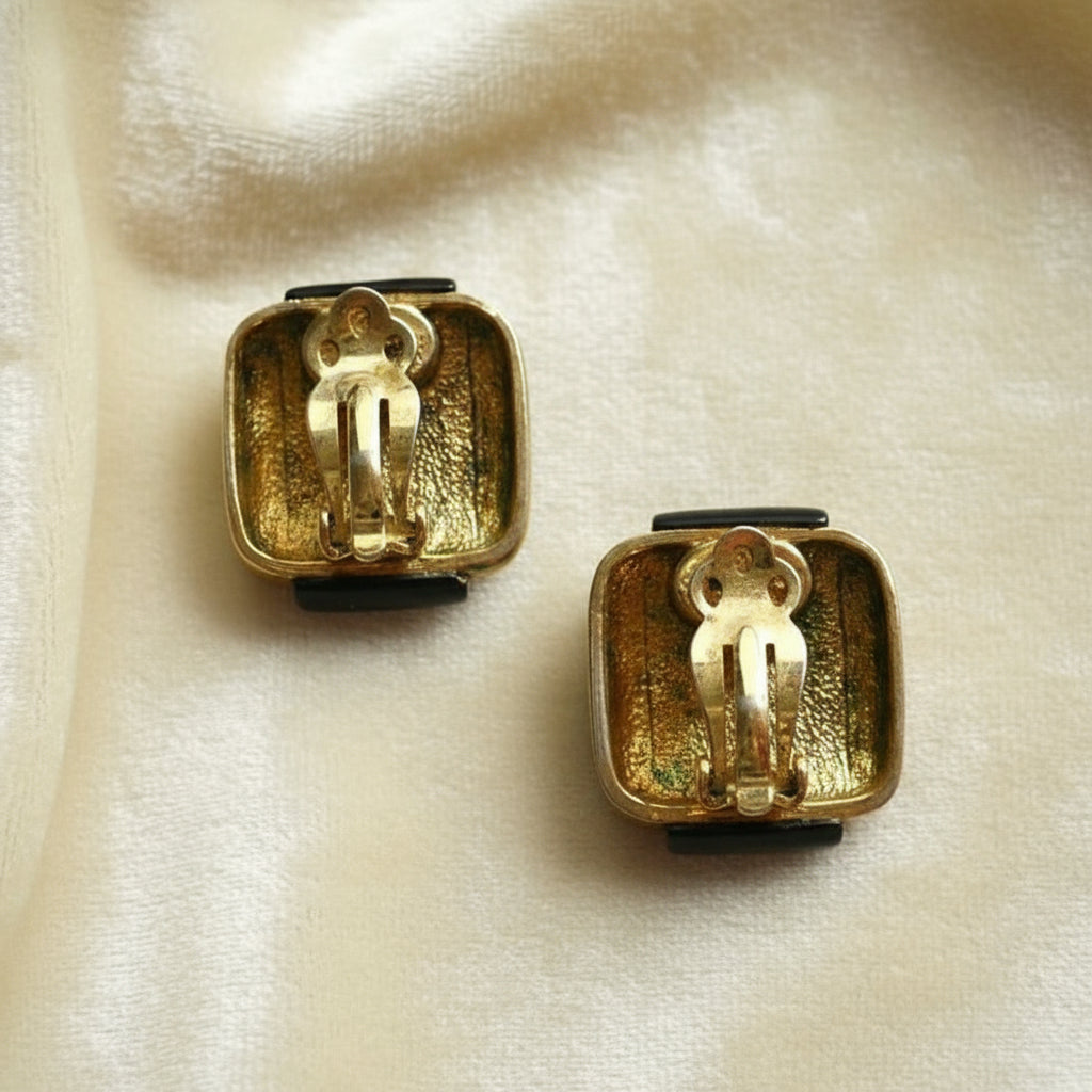 1977 Vintage Givenchy Navy Blue Gold-tone Clip-on Nautical Vibe Fashion Earrings.