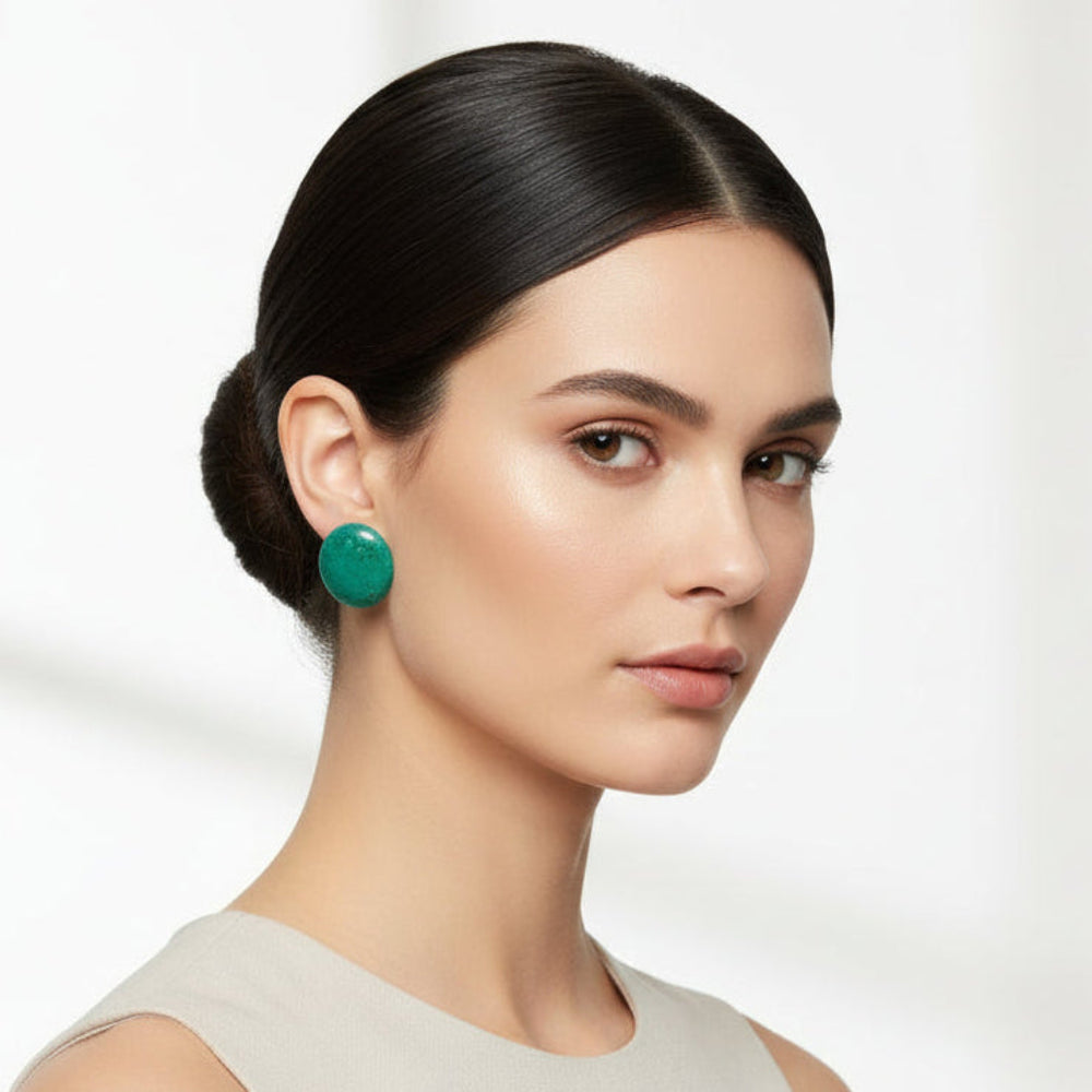 Big 1980s Vintage Round Chrysocolla Gemstone Clip-on Statement Earrings.