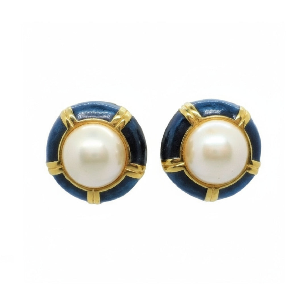 1980 Vintage Yacht Club Clip-on Earrings, Pearl with Blue and Gold-tone, front view.