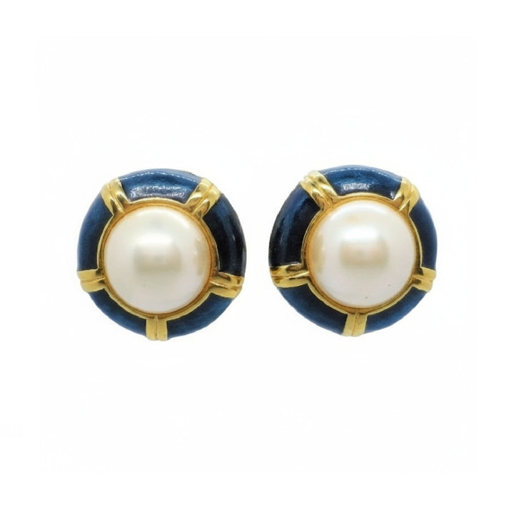 1980 Vintage Yacht Club Clip-on Earrings, Pearl with Blue and Gold-tone, front view.