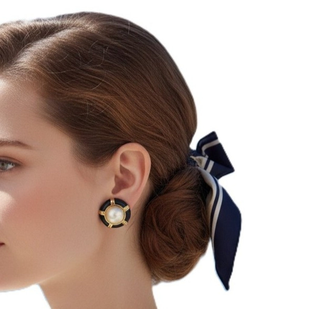 1980 Vintage Yacht Club Clip-on Earrings, Pearl with Blue and Gold-tone on model.