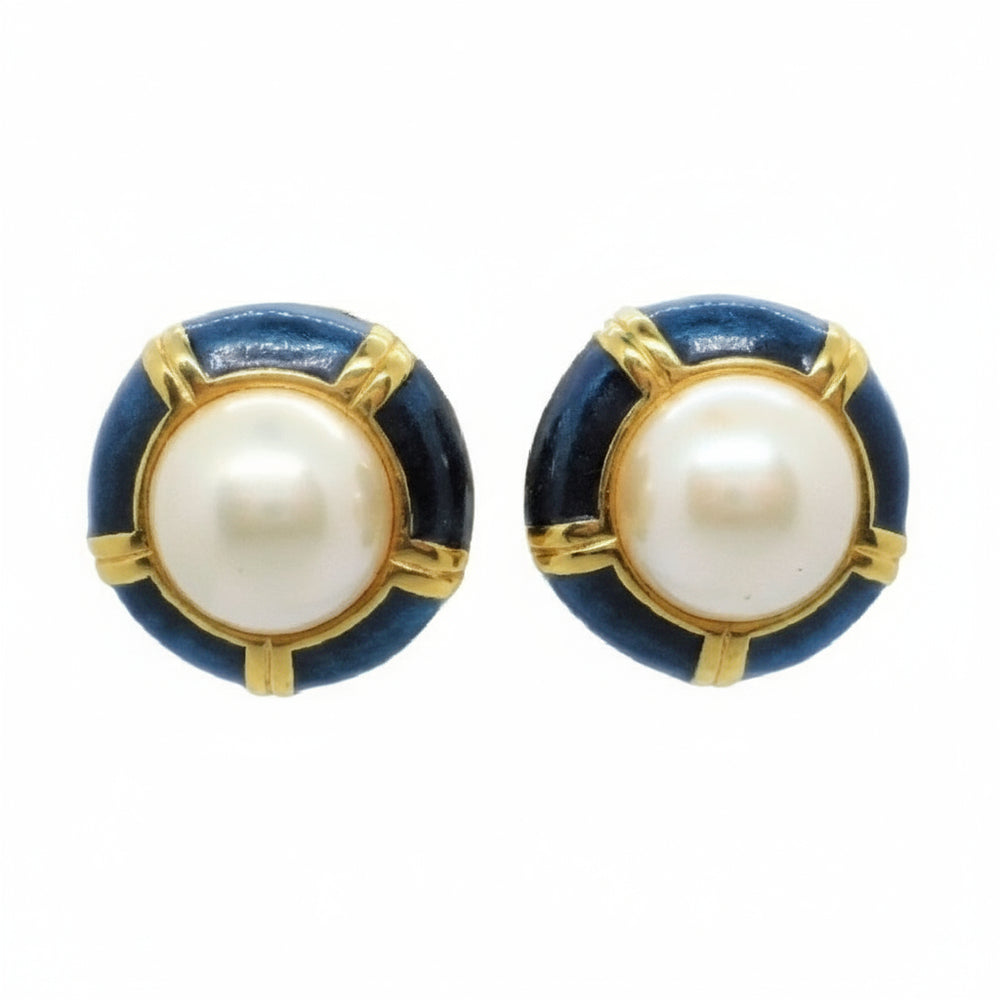1980 Vintage Yacht Club Clip-on Earrings, Pearl with Blue and Gold-tone.
