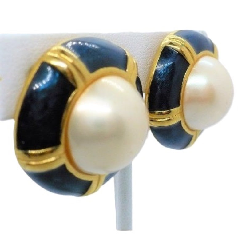 1980 Vintage Yacht Club Clip-on Earrings, Pearl with Blue and Gold-tone, side view.
