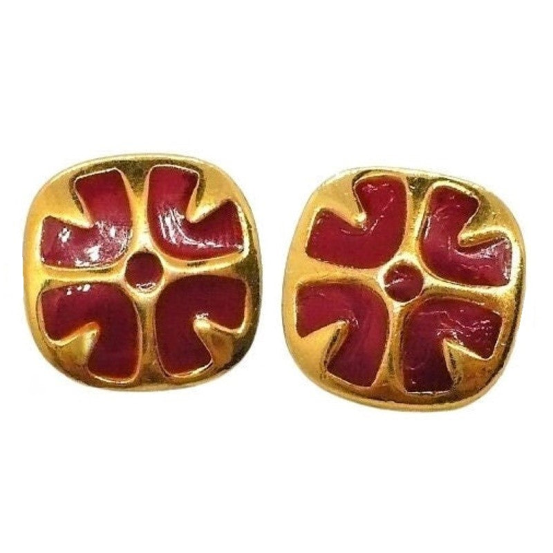 1980s Vintage Regal Red and Gold Tone Givenchy Fashion Clip-on Earrings.