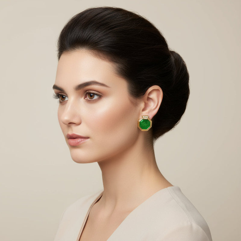 1980s Vintage Art Deco Revival Clip-on Earrings Green Enamel, Gold.