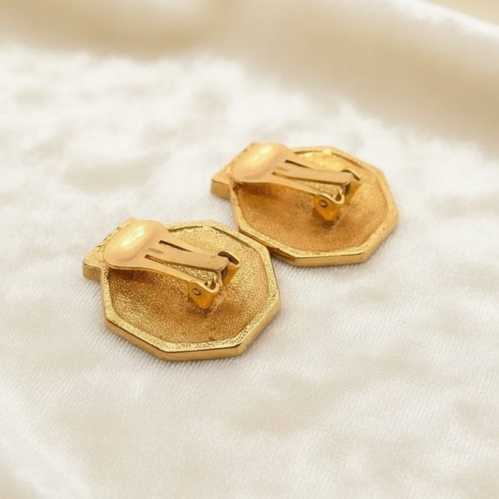 1980s Vintage Art Deco Revival Clip-on Earrings Green Enamel, Gold.