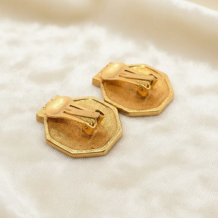 1980s Vintage Art Deco Revival Clip-on Earrings Green Enamel, Gold.