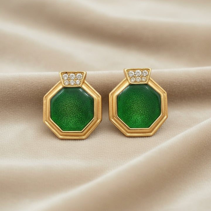1980s Vintage Art Deco Revival Clip-on Earrings Green Enamel, Gold.