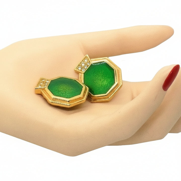 1980s Vintage Art Deco Revival Clip-on Earrings Green Enamel, Gold.
