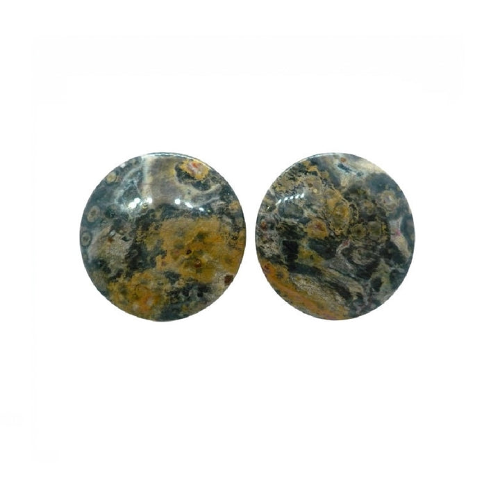 1980s Vintage Large Round Ocean Jasper Gemstone Clip-on Statement Earrings white background.