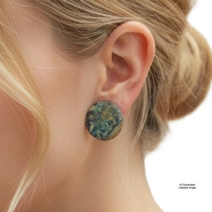 Close-up of a woman wearing 1980s Ocean Jasper Earrings,