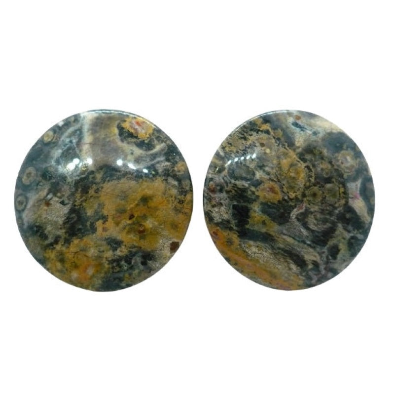 1980s Vintage Large Round Ocean Jasper Gemstone Clip-on Statement Earrings white background.