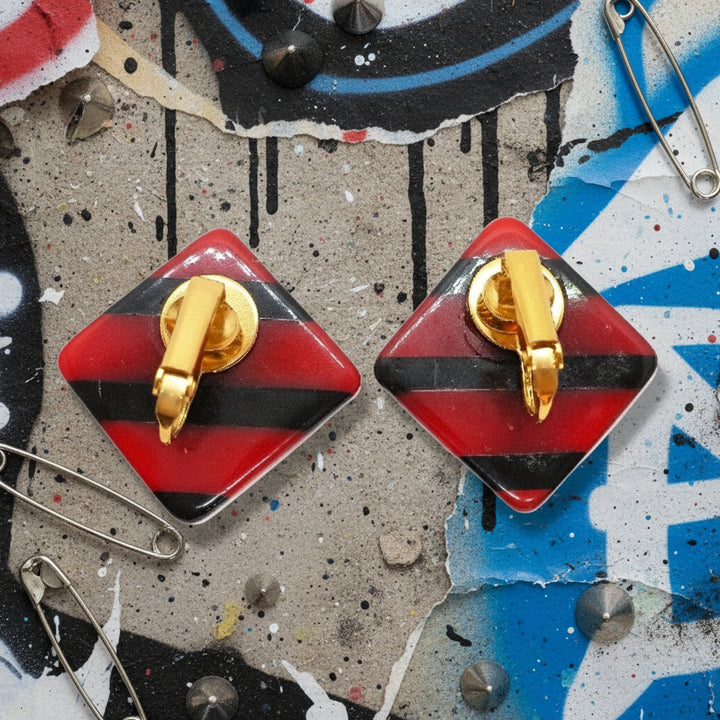 1980s Vintage New Wave Punk Red & Black Lucite Earrings.