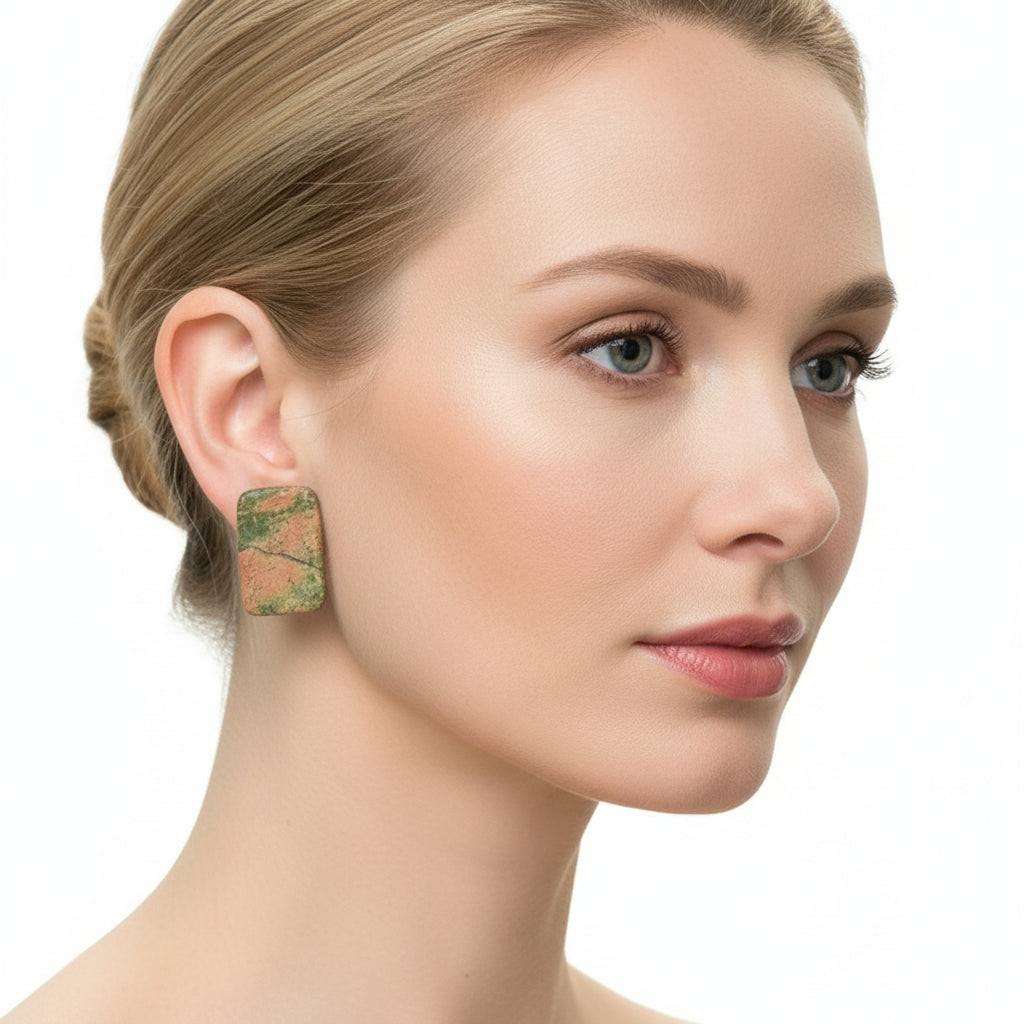 1980s Vintage Big Unakite Gemstone Clip-on Statement Earrings.