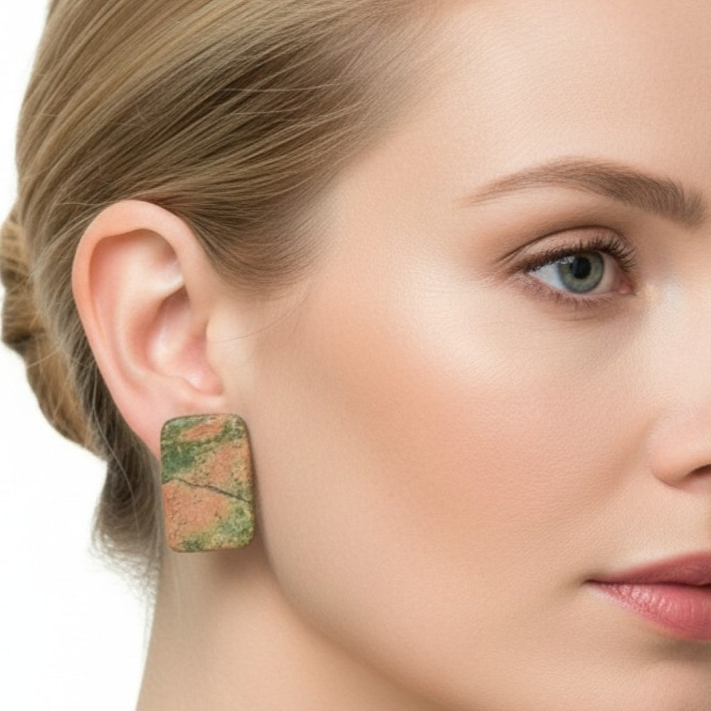 1980s Vintage Big Unakite Gemstone Clip-on Statement Earrings on woman 