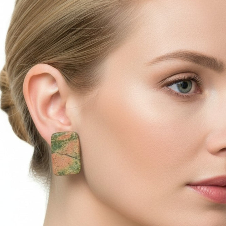 1980s Vintage Big Unakite Gemstone Clip-on Statement Earrings on woman 