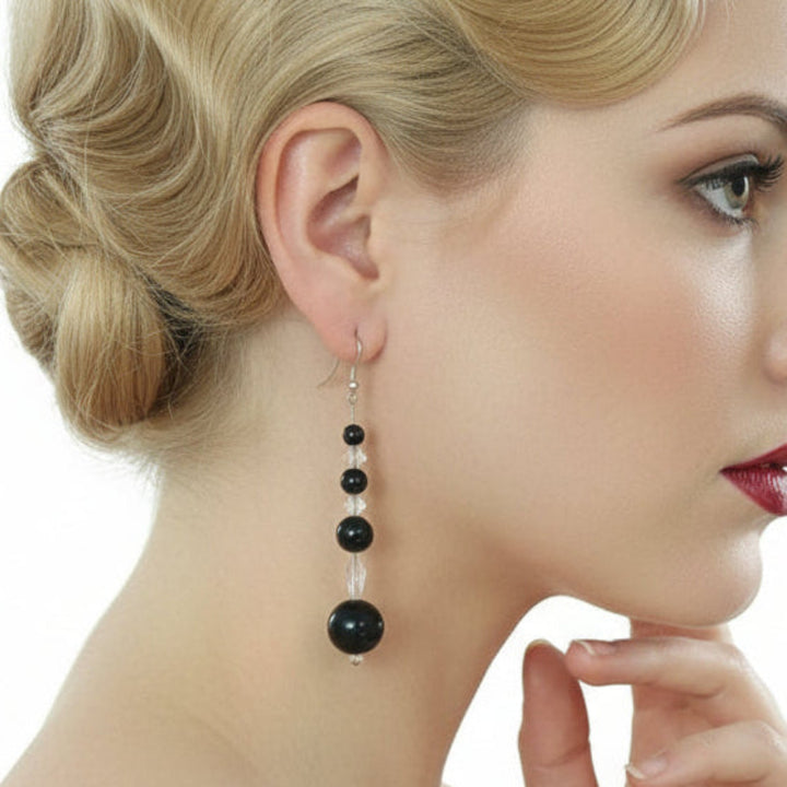 1920s Vintage Black Arabic Onyx Crystal Bead Dangling Pierced Earrings on model.