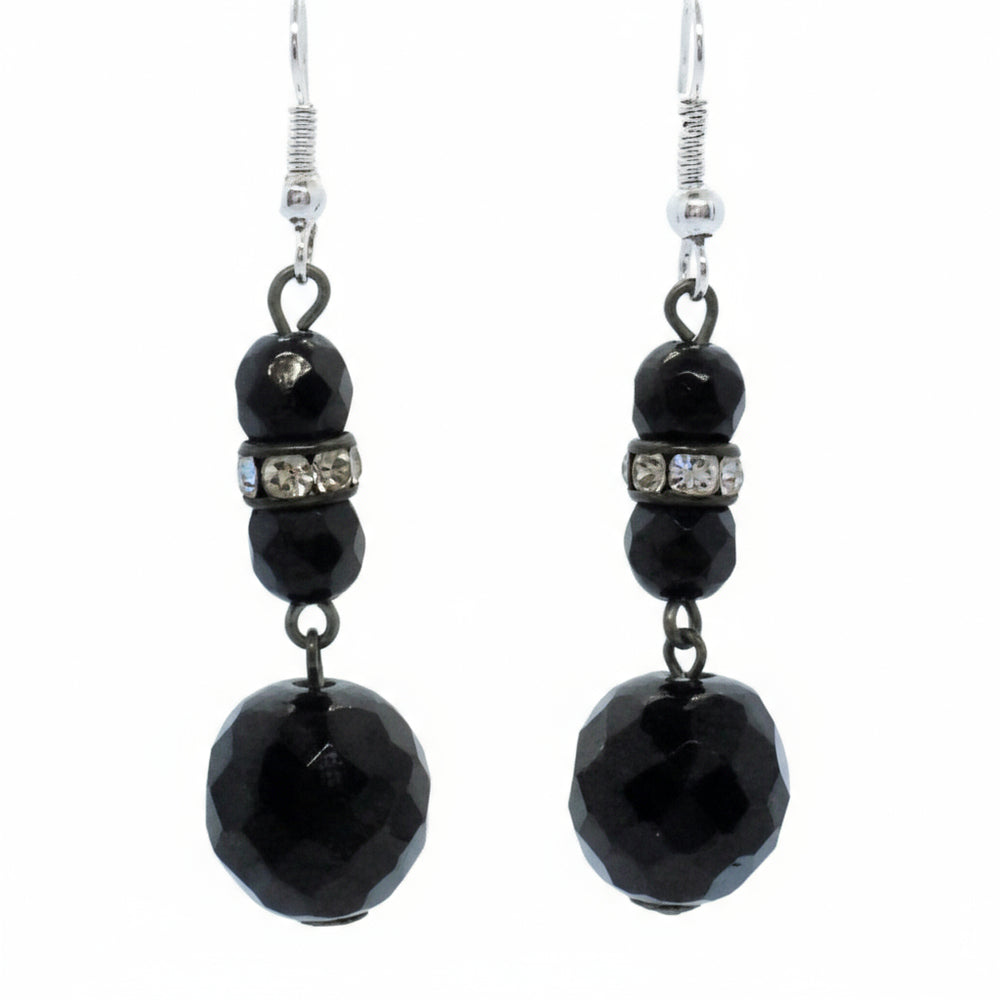 Faceted Black Czech Glass Beads & Rhinestone Dangling  Earrings Vintage 1950s.