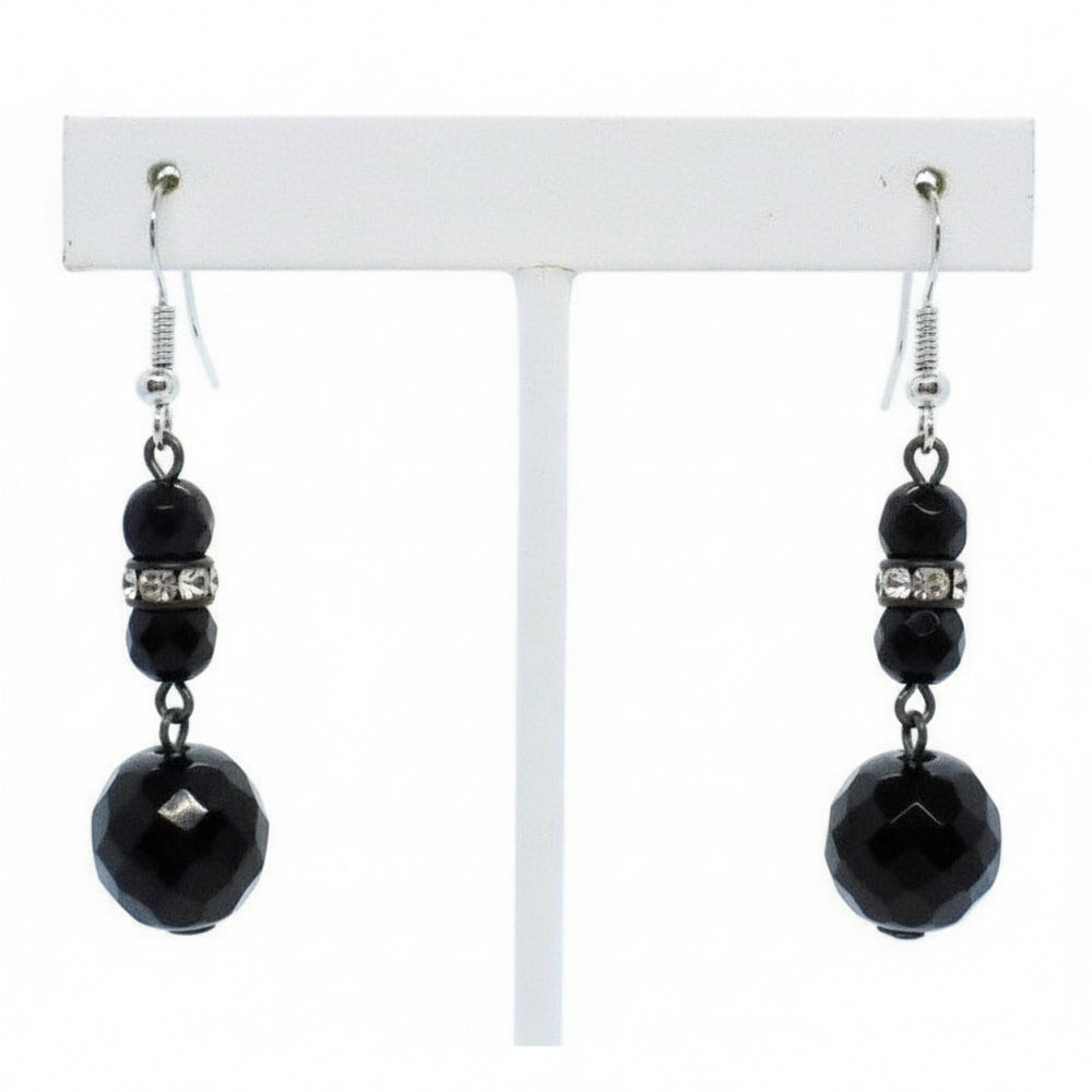 Faceted Black Czech Glass Beads & Rhinestone Dangling  Earrings Vintage 1950s.
