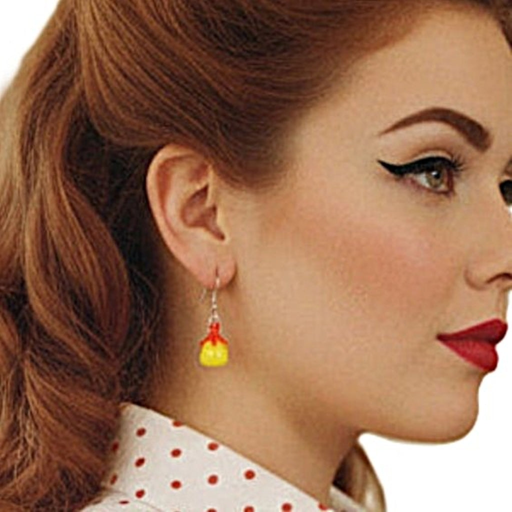 Close-up of a retro woman wearing a polka dot blouse 1970s Vintage Fun & Fruity Bright Glass Lampwork Pierced Earrings profile view.