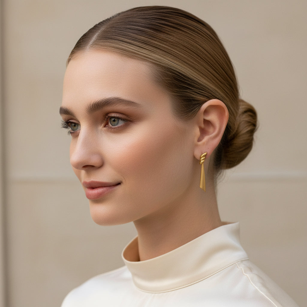 1980 Vintage Classical Draped Gold Tone Pierced Metal Earrings by Monet.